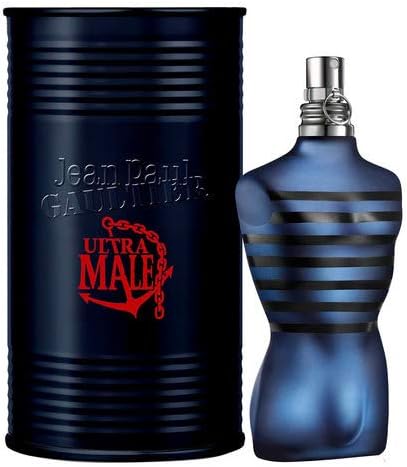 Jean Paul Gaultier Ultra Male EDT Intense 75ml bottle with cylindrical tin box