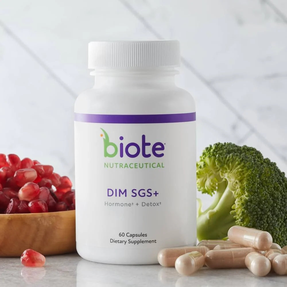 Biote Nutraceuticals DIM SGS+ Hormone and Detox 60 Capsules bottle with broccoli and pomegranate