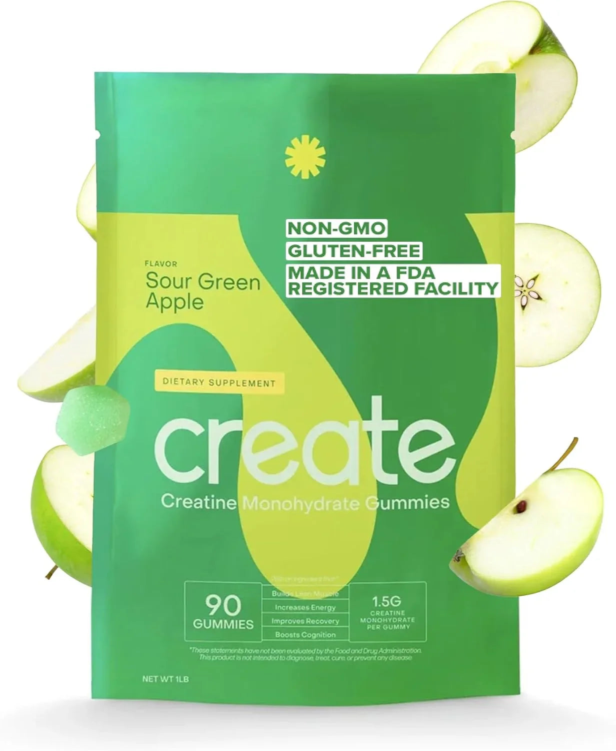 Create Creatine Monohydrate Gummies Sour Green Apple 90 count bag - Non-GMO Gluten-Free