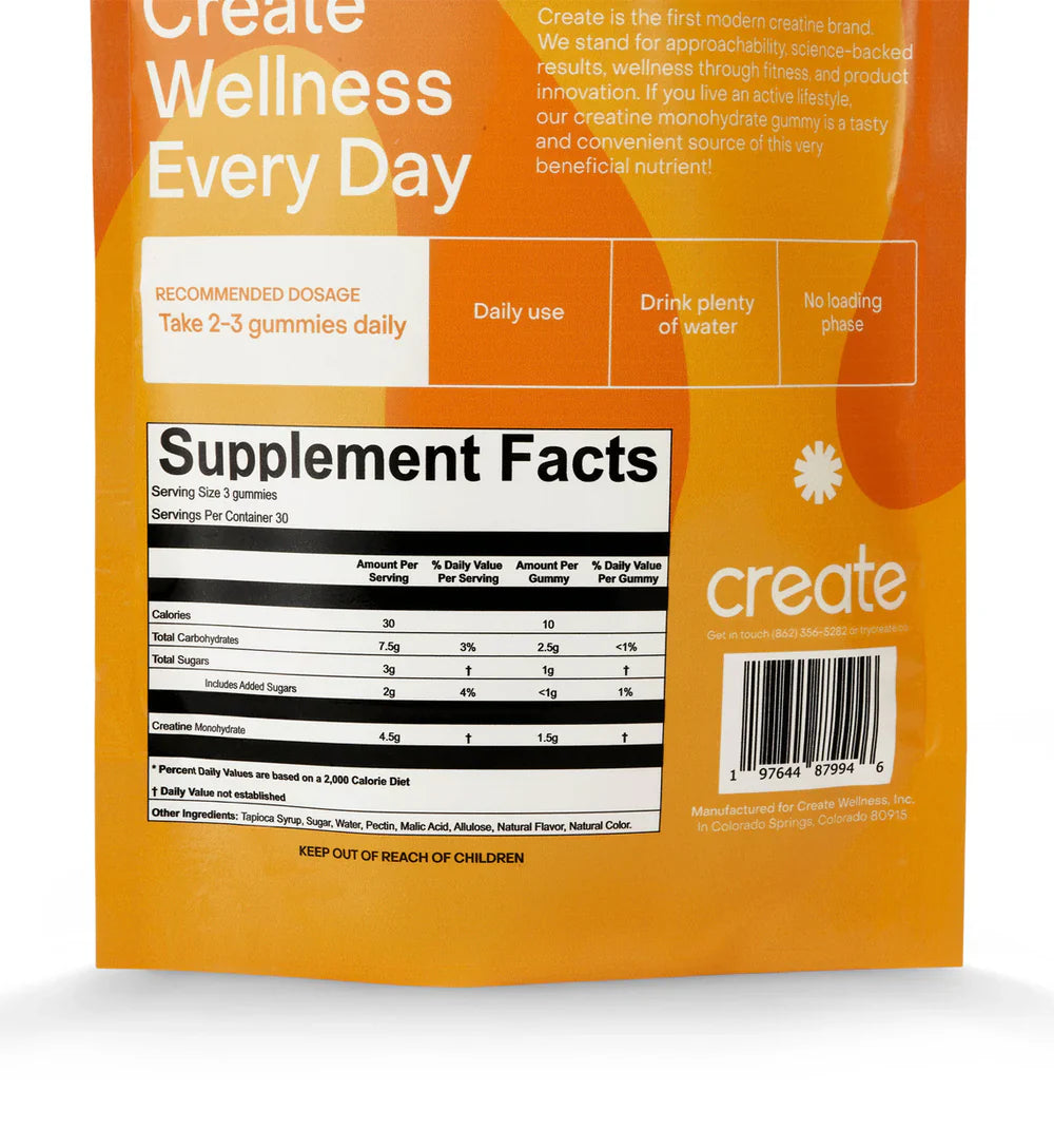 Create Creatine Gummies supplement facts and ingredients label back of bag