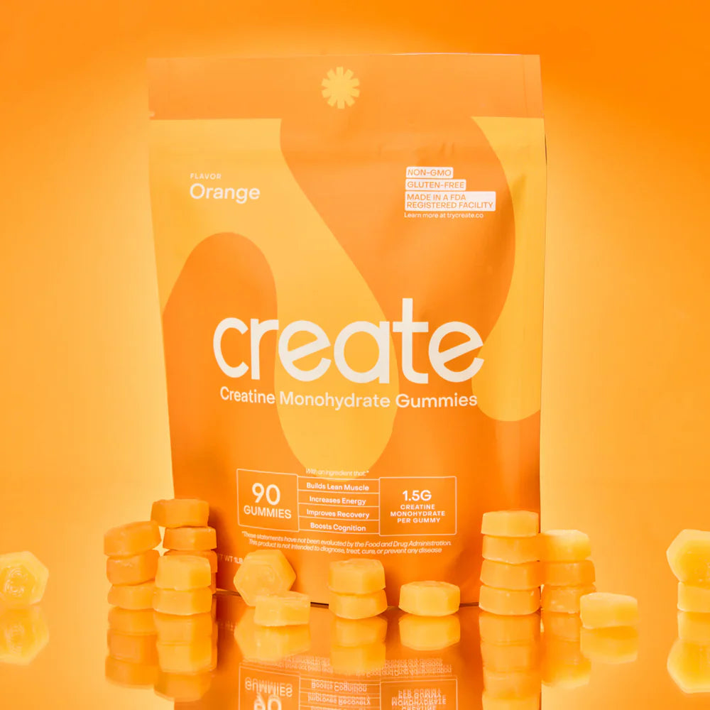 Create Creatine Monohydrate Gummies orange bag with gummies displayed in front