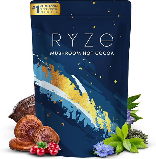 RYZE Mushroom Hot Cocoa with Melatonin Sleep Support 20 Servings - #1 Mushroom Sleep Cocoa in the USA with Reishi and Cranberry