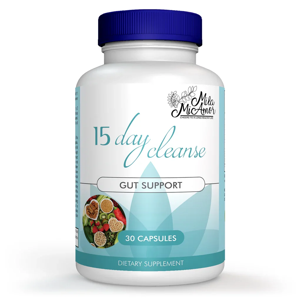 Mila MicAmor 15 Day Cleanse Gut Support 30 Capsules dietary supplement bottle with blue cap