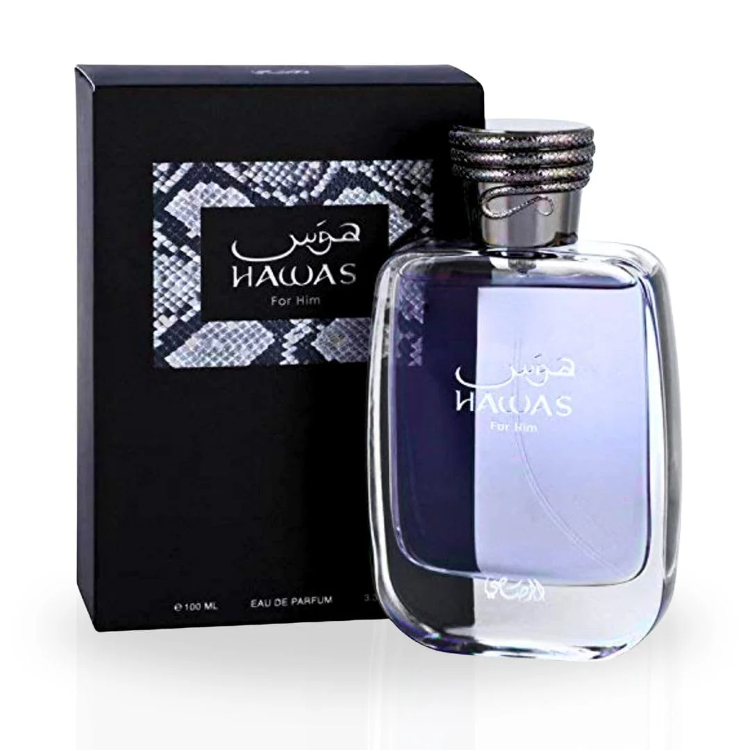 Rasasi Hawas Eau de Parfum for Him 100ml clear glass bottle with indigo liquid and silver serpentine cap next to black gift box