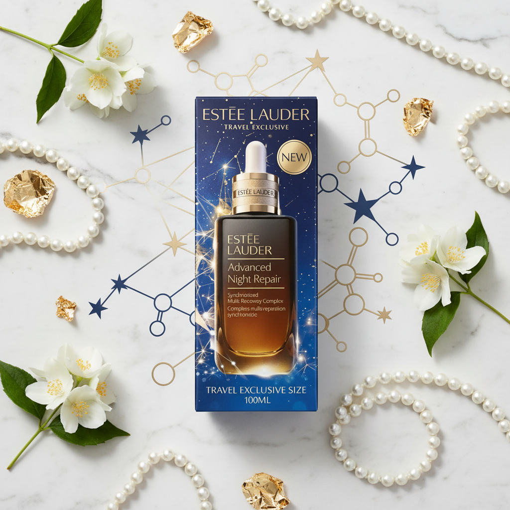 Estée Lauder Advanced Night Repair Serum - Luxury Jasmine Flowers Flat Lay
