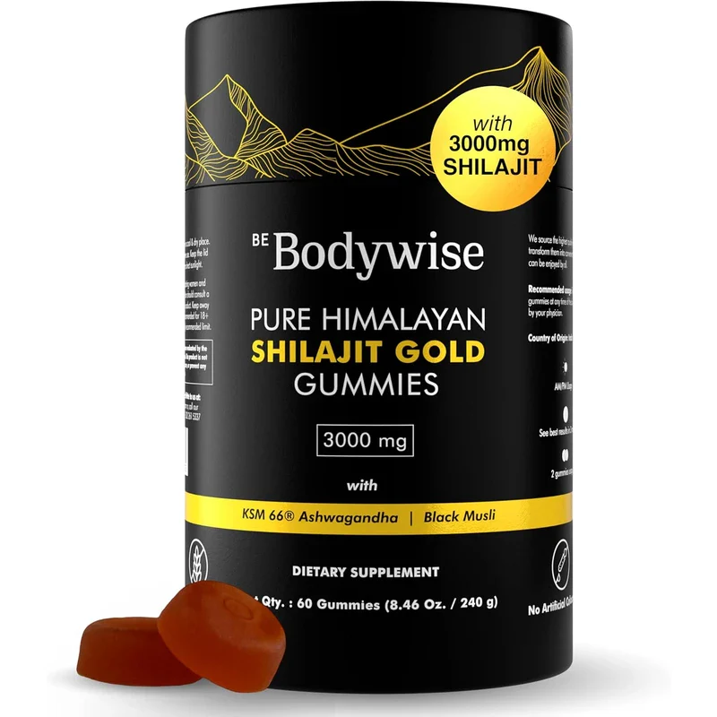 Be Bodywise Pure Himalayan Shilajit Gold Gummies 3000mg with KSM-66 Ashwagandha and Black Musli – 60 Count Dietary Supplement