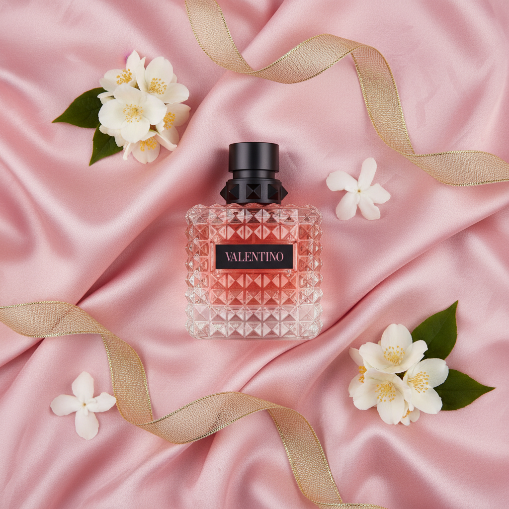 Valentino Donna Born in Roma EDP pink silk flat lay with jasmine
