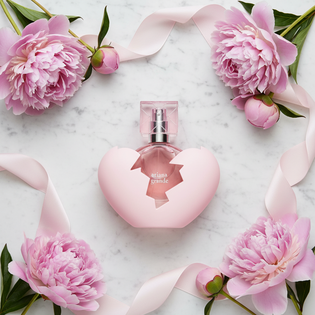 Ariana Grande Thank U Next EDP white marble flat lay peonies