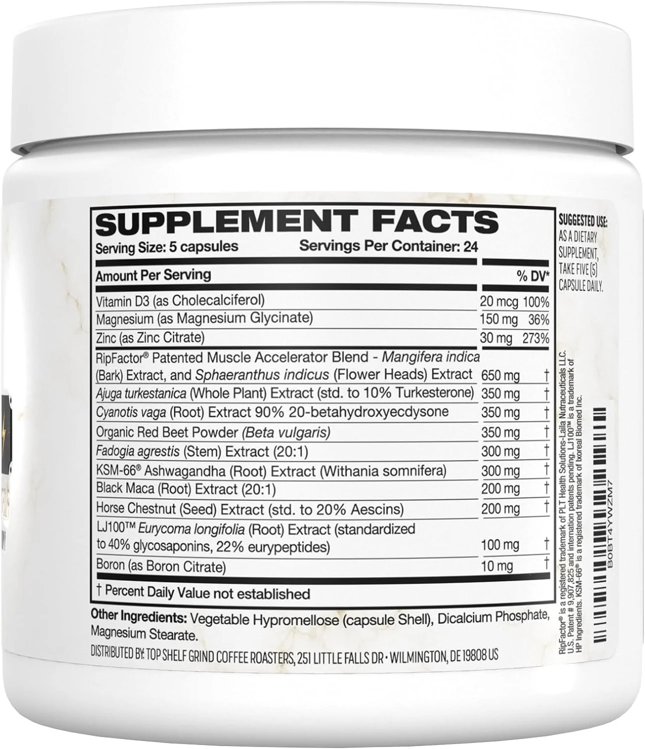 KingMaker Top Shelf Grind Supplement Facts Panel - 120 Capsules 24 Servings with KSM-66 Ashwagandha Tongkat Ali Turkesterone