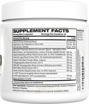 KingMaker Top Shelf Grind Supplement Facts Panel - 120 Capsules 24 Servings with KSM-66 Ashwagandha Tongkat Ali Turkesterone