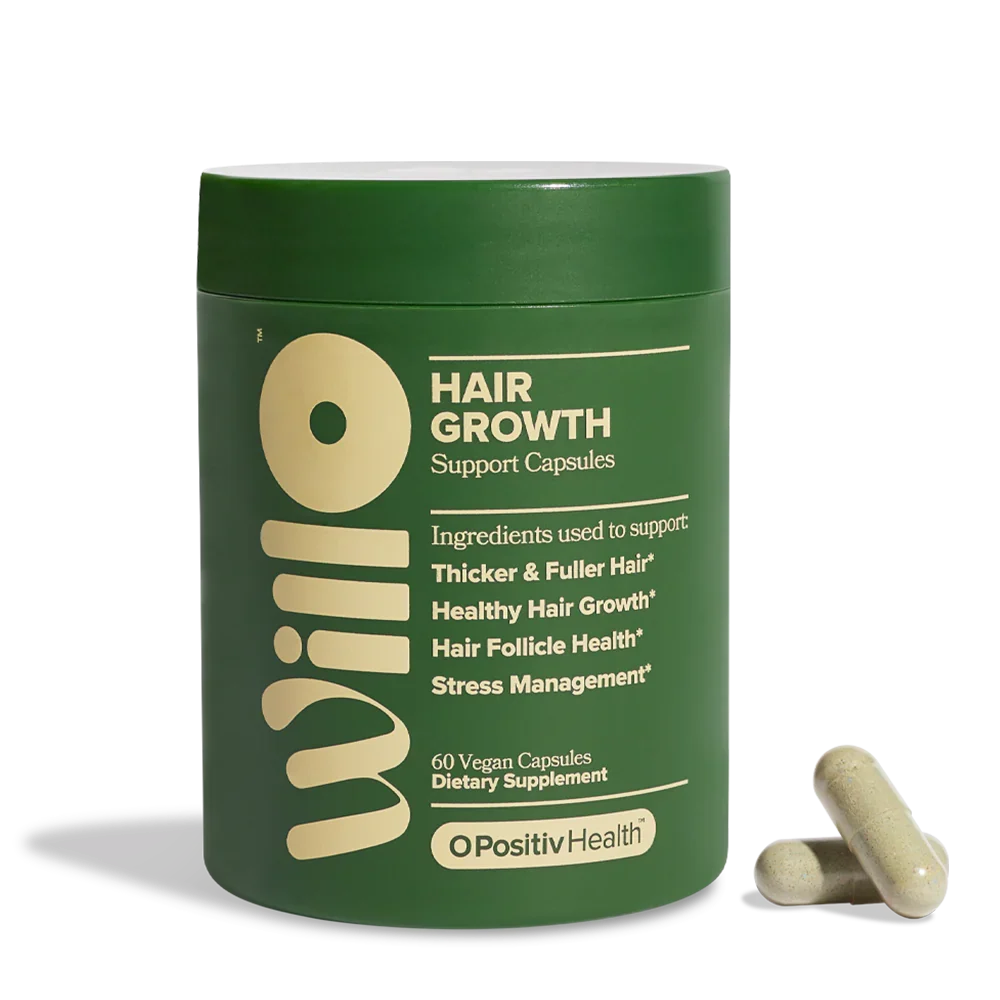 Willo Hair Growth Support Capsules 60 Vegan Capsules by OPositiv Health in dark green bottle with two capsules beside it