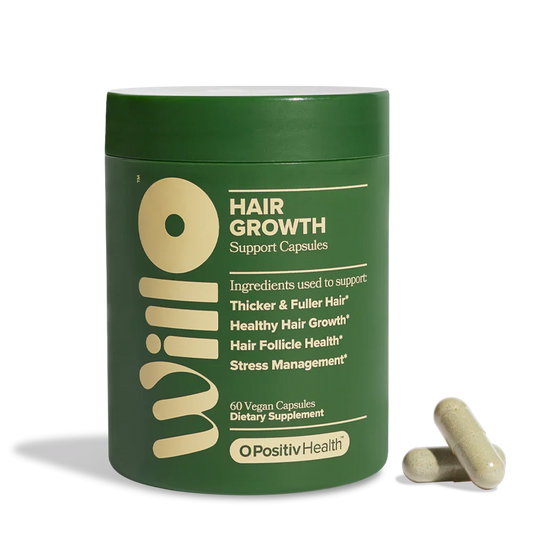 Willo Hair Growth Support Capsules 60 Vegan Capsules by OPositiv Health in dark green bottle with two capsules beside it