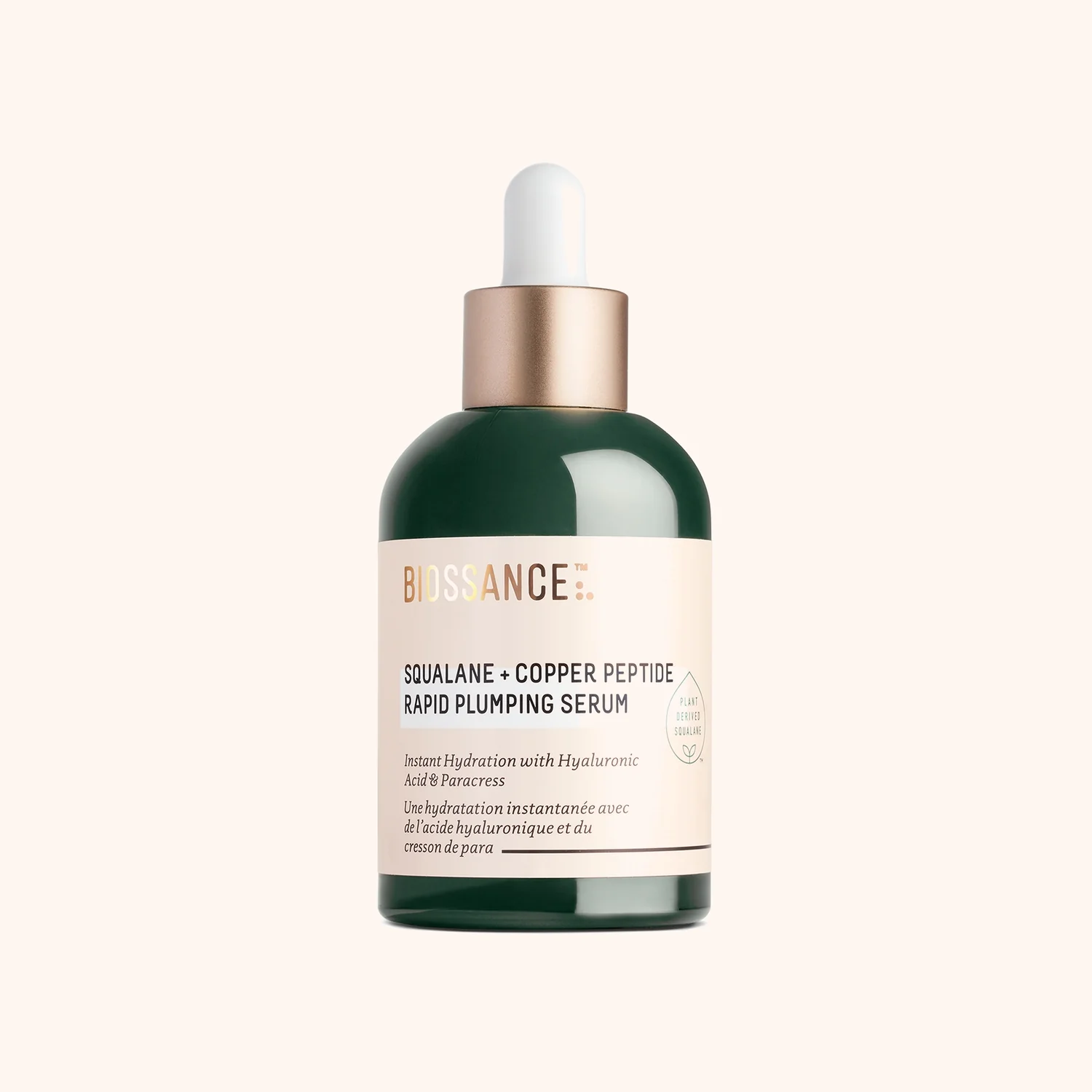 Biossance Squalane + Copper Peptide Rapid Plumping Serum 50ml – dark green dropper bottle with gold cap