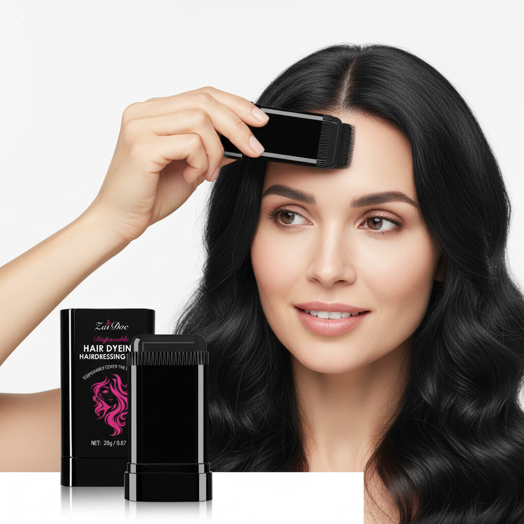 Woman applying ZaiDoc hair dyeing stick to gray roots