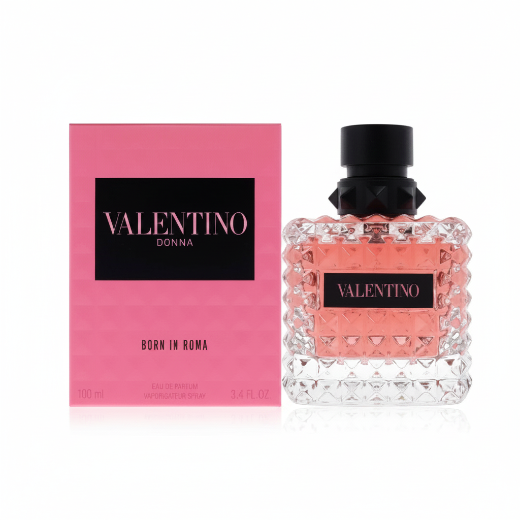 Valentino Donna Born in Roma EDP bottle with pink box white background