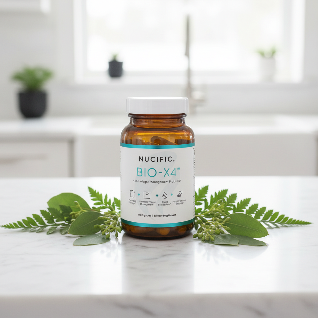 Nucific BIO-X4 marble surface with green leaves lifestyle