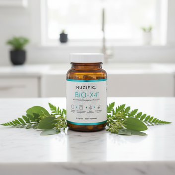 Nucific BIO-X4 marble surface with green leaves lifestyle