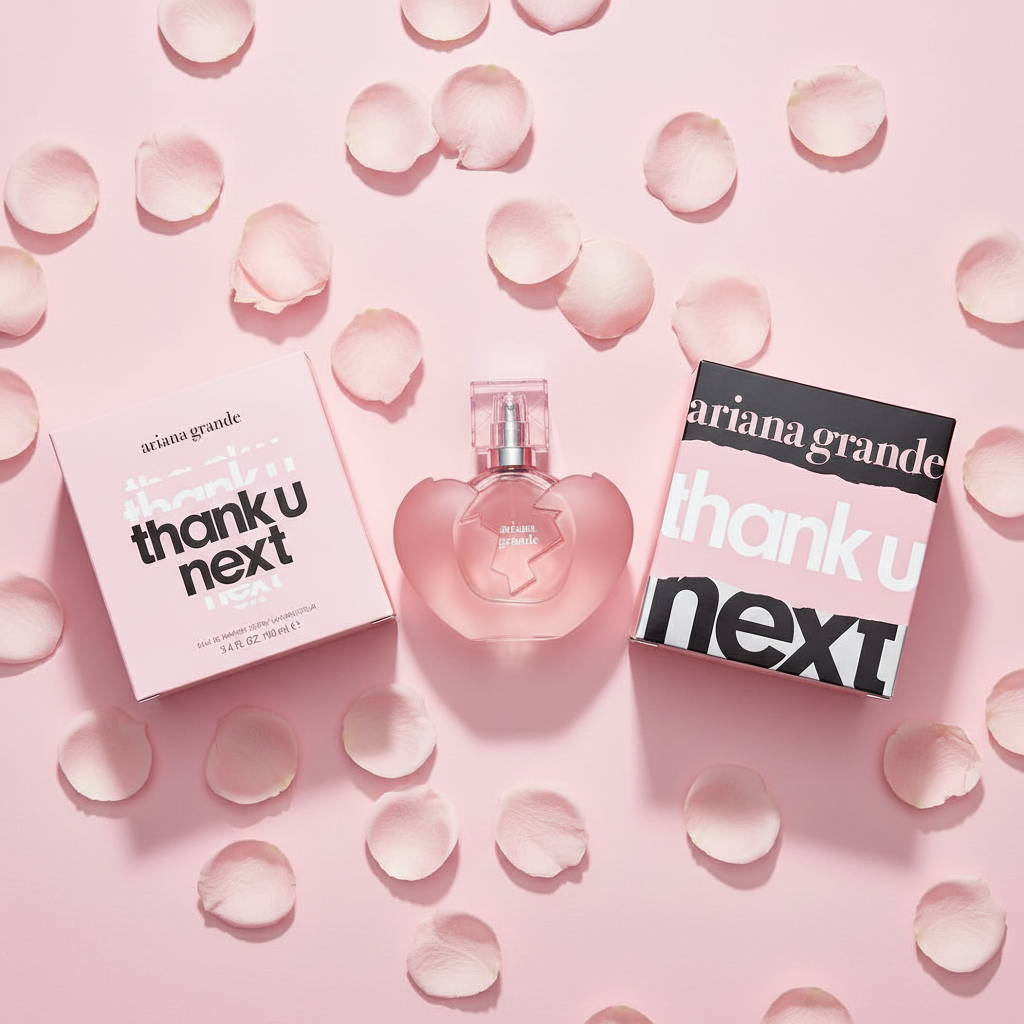 Ariana Grande Thank U Next EDP rose petals flat lay