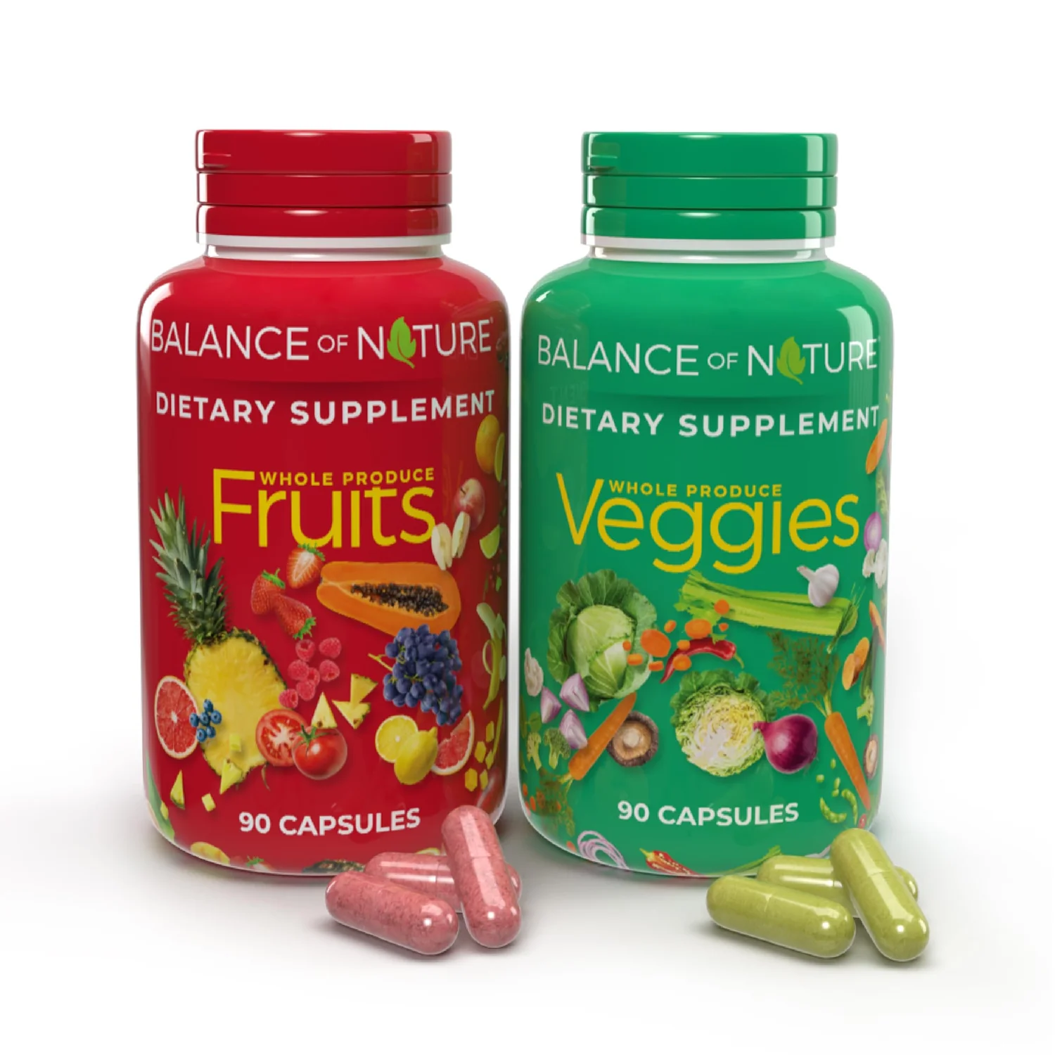 Balance of Nature Fruits and Veggies Whole Produce Dietary Supplement 90 Capsules each - red bottle for fruits and green bottle for veggies with capsules displayed in front
