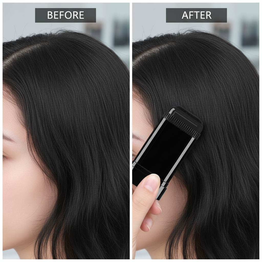 Before and after gray root coverage with ZaiDoc hair dyeing stick