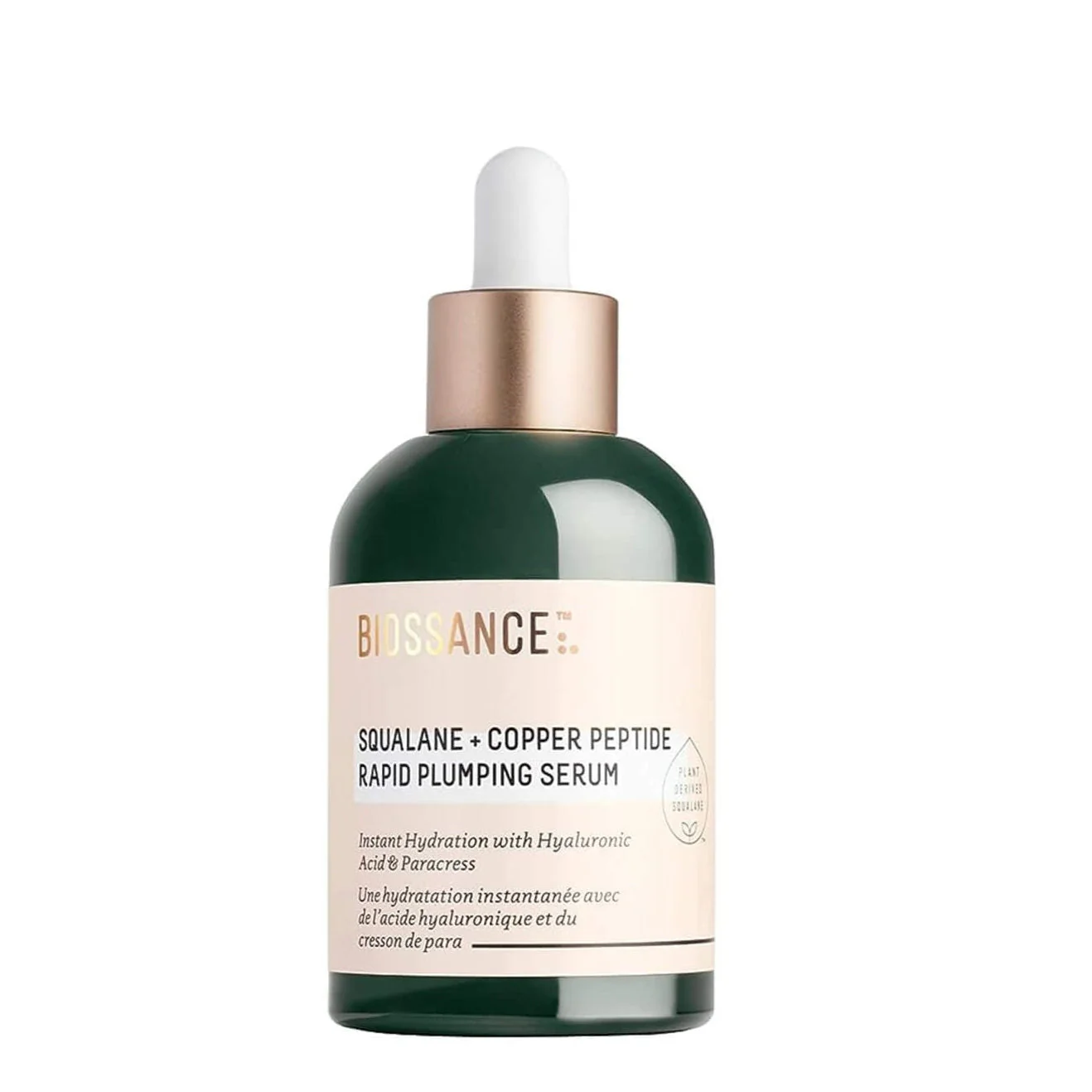 Biossance Squalane + Copper Peptide Rapid Plumping Serum in dark green dropper bottle with rose gold cap
