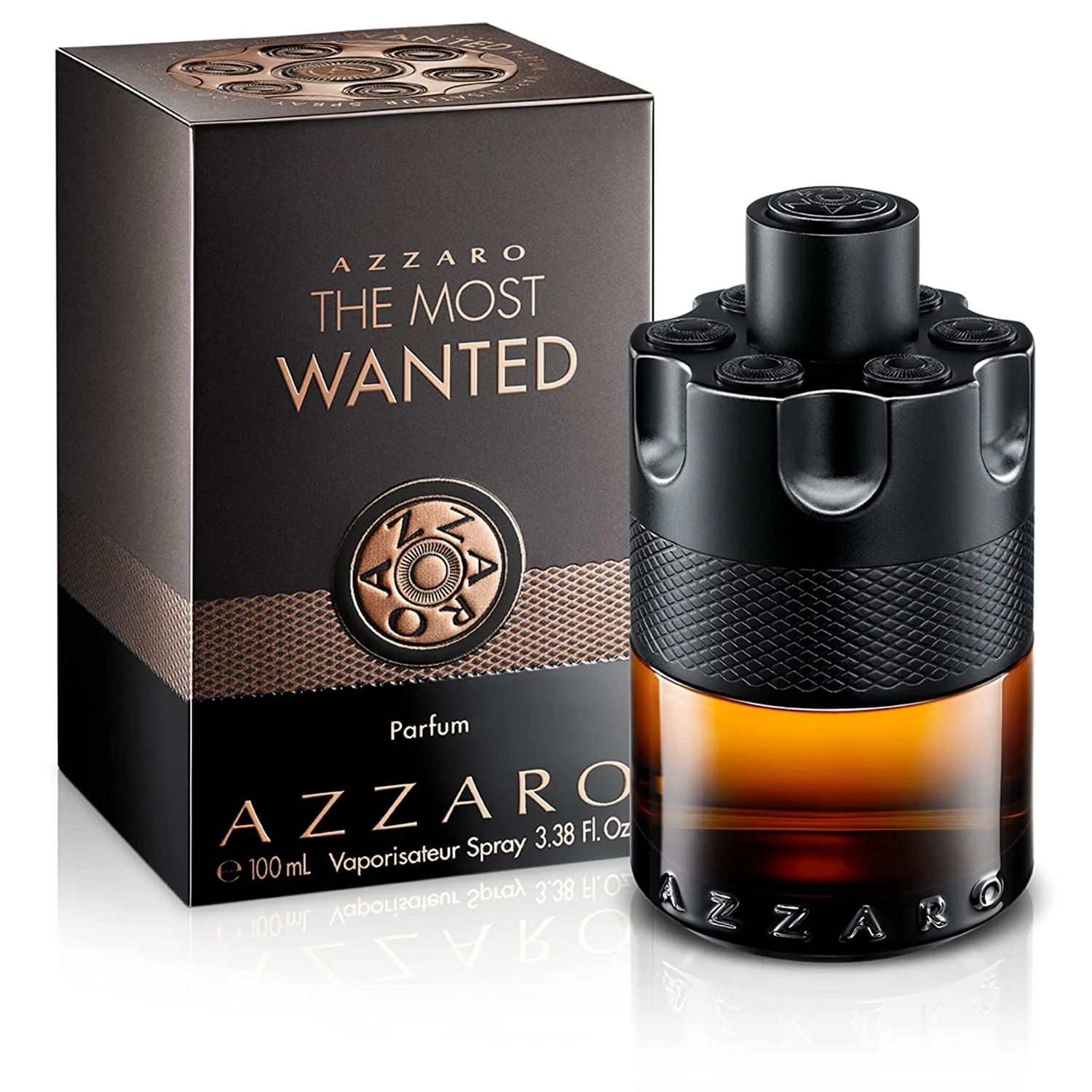 Azzaro The Most Wanted Parfum 100ml – matte black revolver bottle with amber glass base and dark brown gift box
